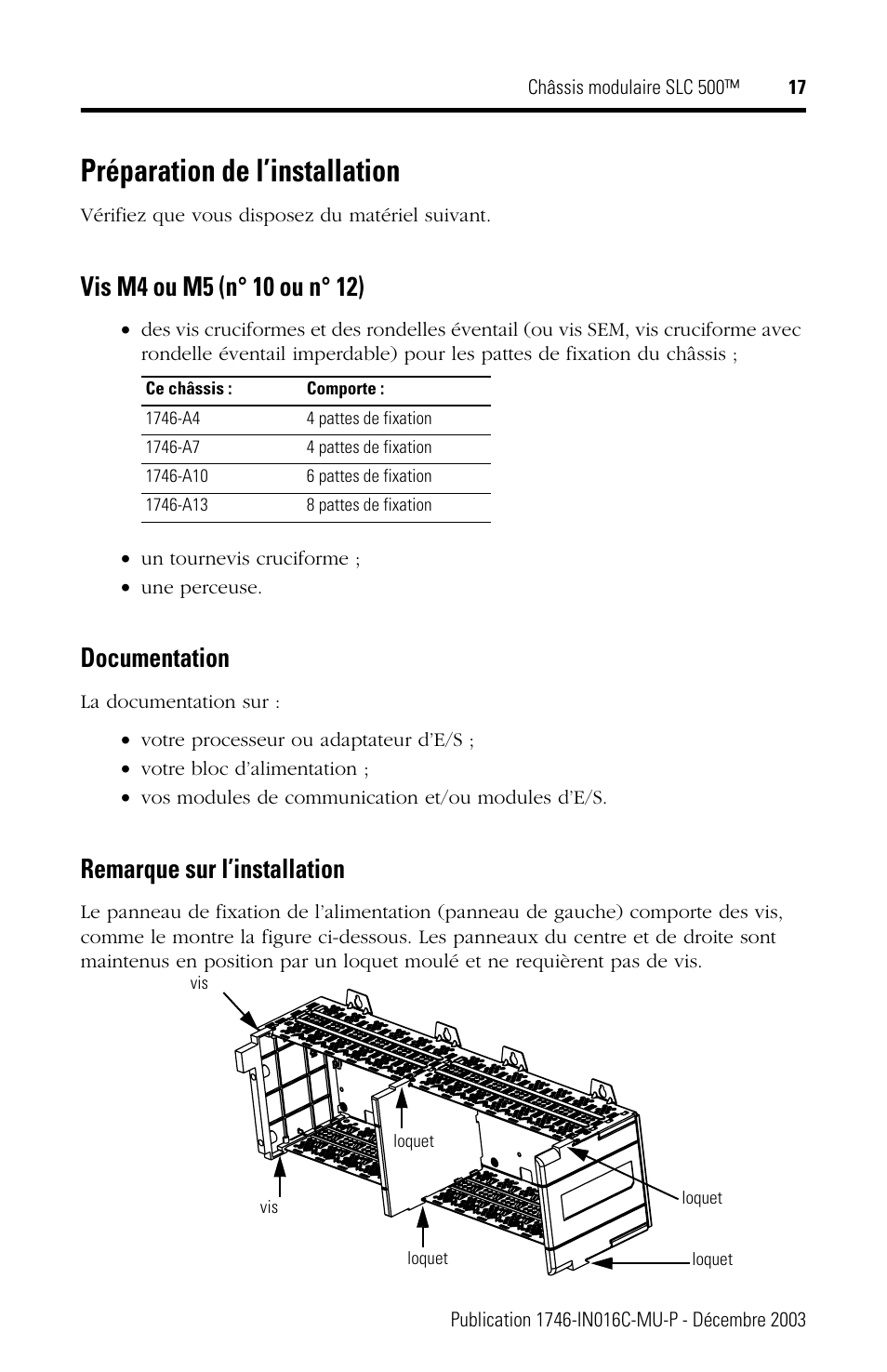 Préparation de l’installation, Documentation, Remarque sur l’installation | Rockwell Automation 1746-Ax SLC 500 Modular Chassis/ Instructions User Manual | Page 17 / 80