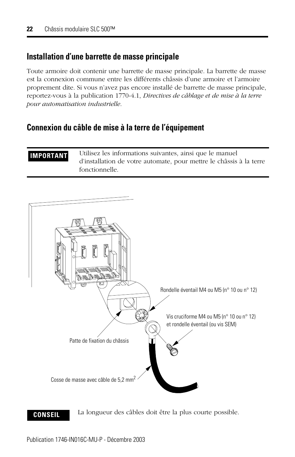 Installation d’une barrette de masse principale | Rockwell Automation 1746-Ax SLC 500 Modular Chassis/ Instructions User Manual | Page 22 / 80