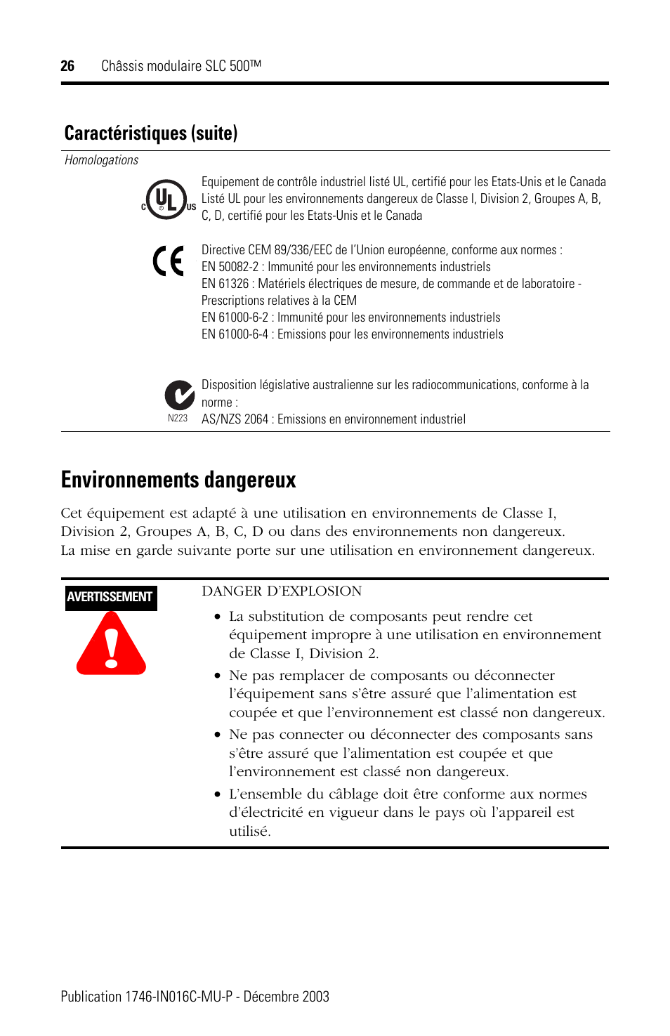 Environnements dangereux, Caractéristiques (suite) | Rockwell Automation 1746-Ax SLC 500 Modular Chassis/ Instructions User Manual | Page 26 / 80