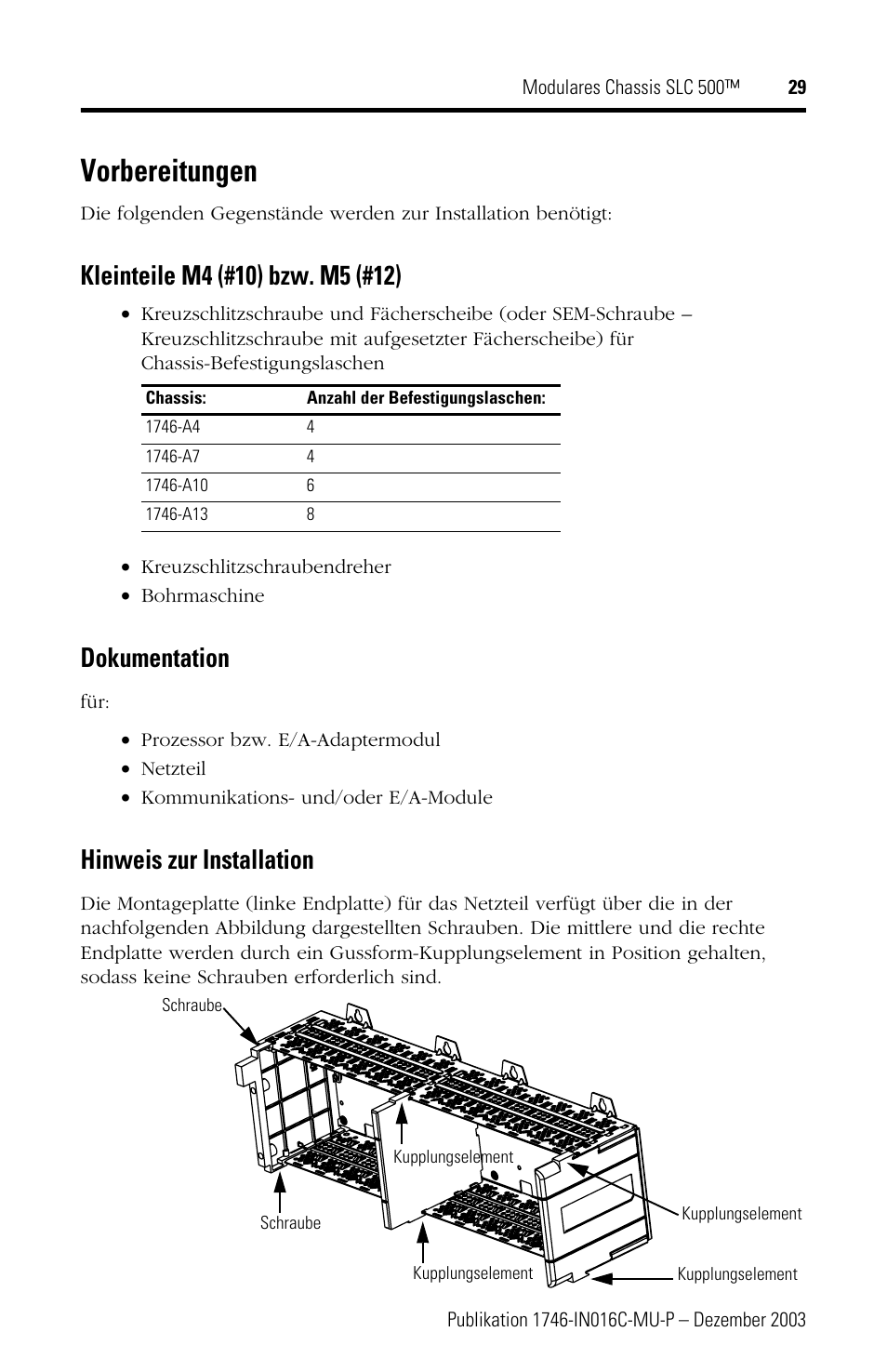 Vorbereitungen, Dokumentation, Hinweis zur installation | Rockwell Automation 1746-Ax SLC 500 Modular Chassis/ Instructions User Manual | Page 29 / 80
