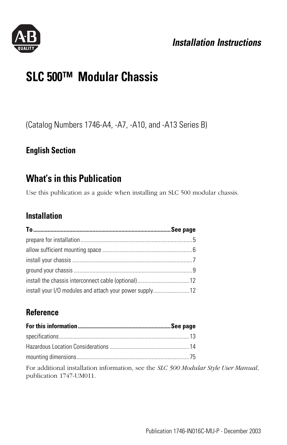 English section, What’s in this publication, Slc 500™ modular chassis | Installation instructions, Installation, Reference | Rockwell Automation 1746-Ax SLC 500 Modular Chassis/ Instructions User Manual | Page 3 / 80