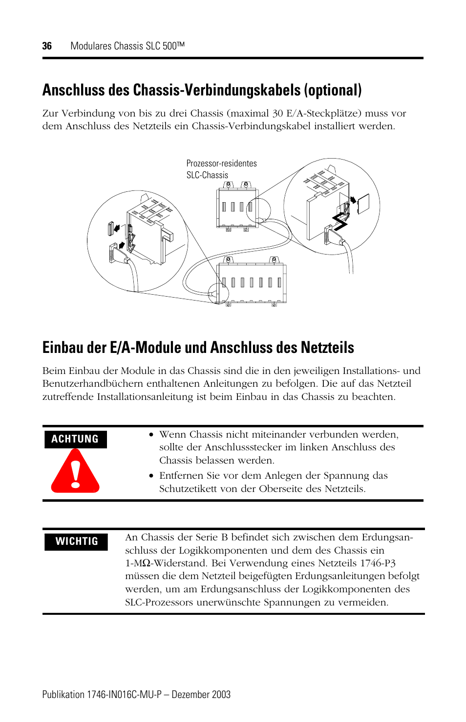 Anschluss des chassis-verbindungskabels (optional), Einbau der e/a-module und anschluss des netzteils | Rockwell Automation 1746-Ax SLC 500 Modular Chassis/ Instructions User Manual | Page 36 / 80