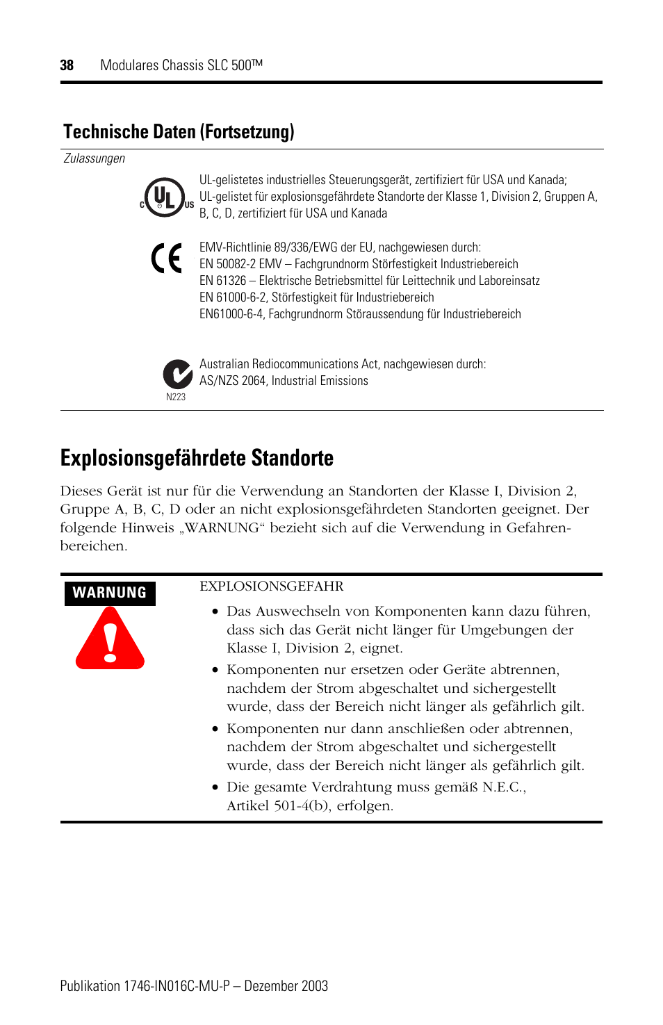 Explosionsgefährdete standorte, Technische daten (fortsetzung) | Rockwell Automation 1746-Ax SLC 500 Modular Chassis/ Instructions User Manual | Page 38 / 80