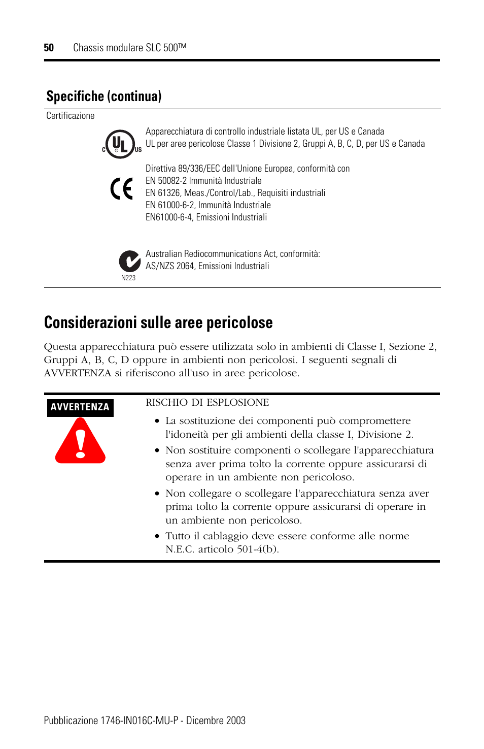 Considerazioni sulle aree pericolose, Specifiche (continua) | Rockwell Automation 1746-Ax SLC 500 Modular Chassis/ Instructions User Manual | Page 50 / 80