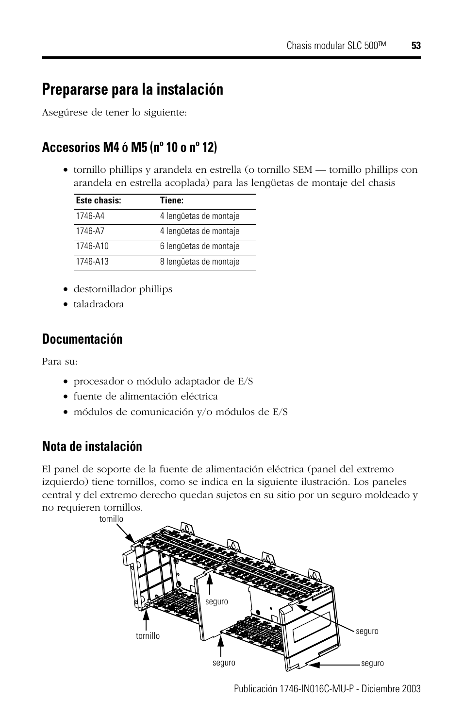 Prepararse para la instalación, Documentación, Nota de instalación | Rockwell Automation 1746-Ax SLC 500 Modular Chassis/ Instructions User Manual | Page 53 / 80