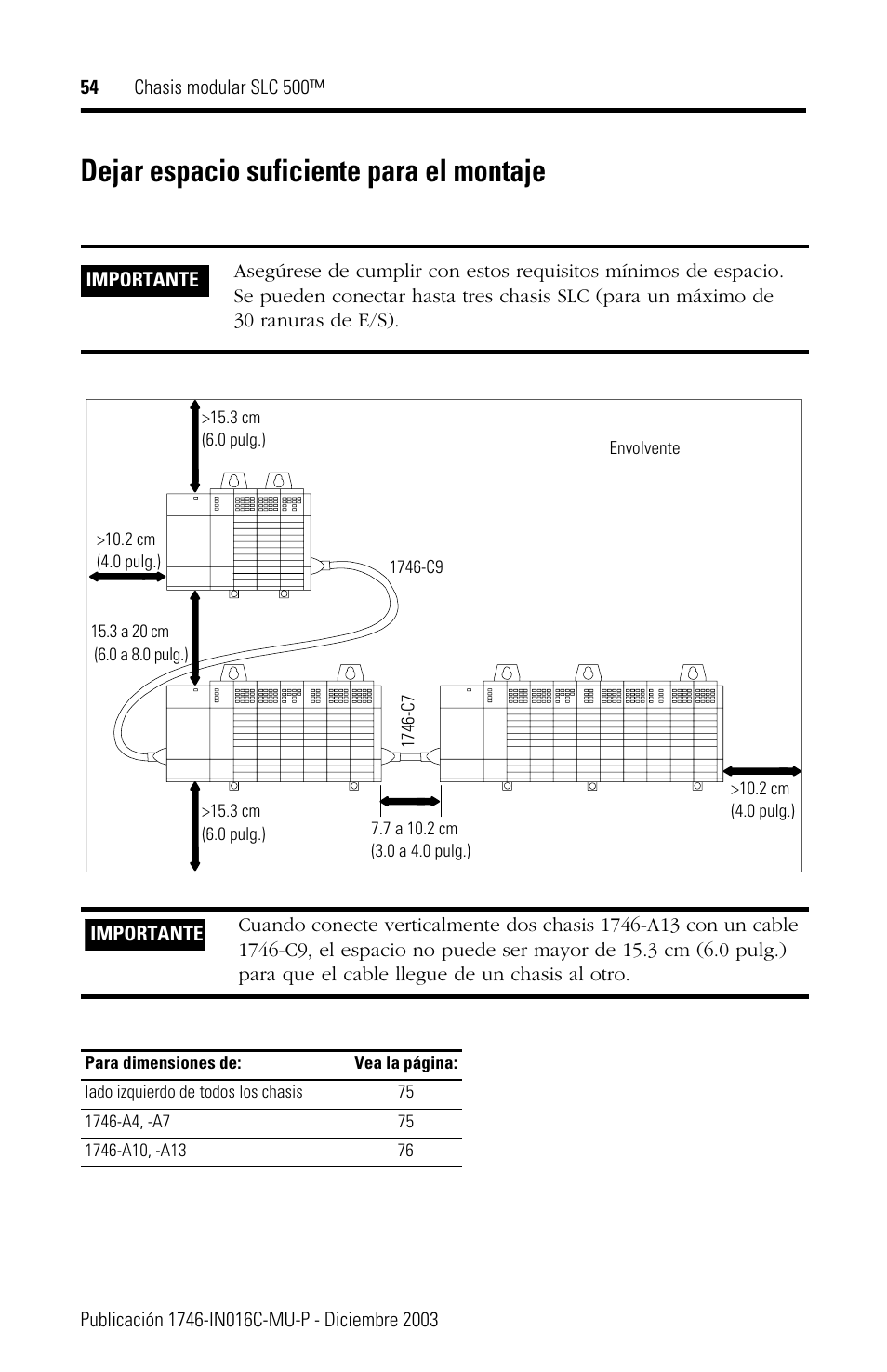 Dejar espacio suficiente para el montaje | Rockwell Automation 1746-Ax SLC 500 Modular Chassis/ Instructions User Manual | Page 54 / 80