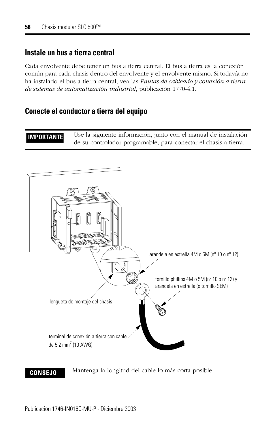 Instale un bus a tierra central, Conecte el conductor a tierra del equipo | Rockwell Automation 1746-Ax SLC 500 Modular Chassis/ Instructions User Manual | Page 58 / 80