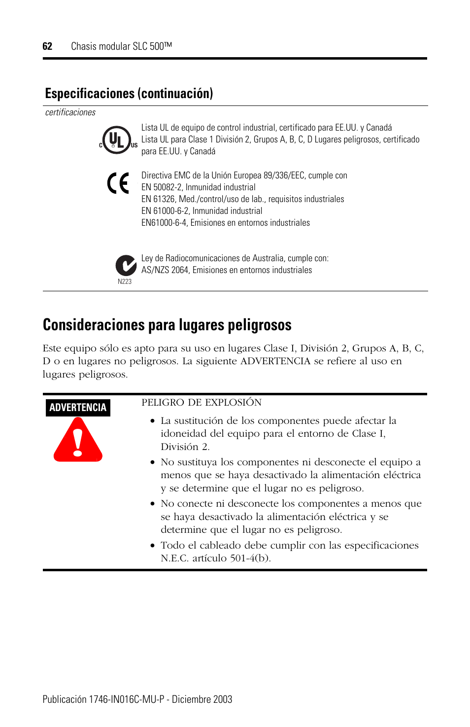 Consideraciones para lugares peligrosos, Especificaciones (continuación) | Rockwell Automation 1746-Ax SLC 500 Modular Chassis/ Instructions User Manual | Page 62 / 80