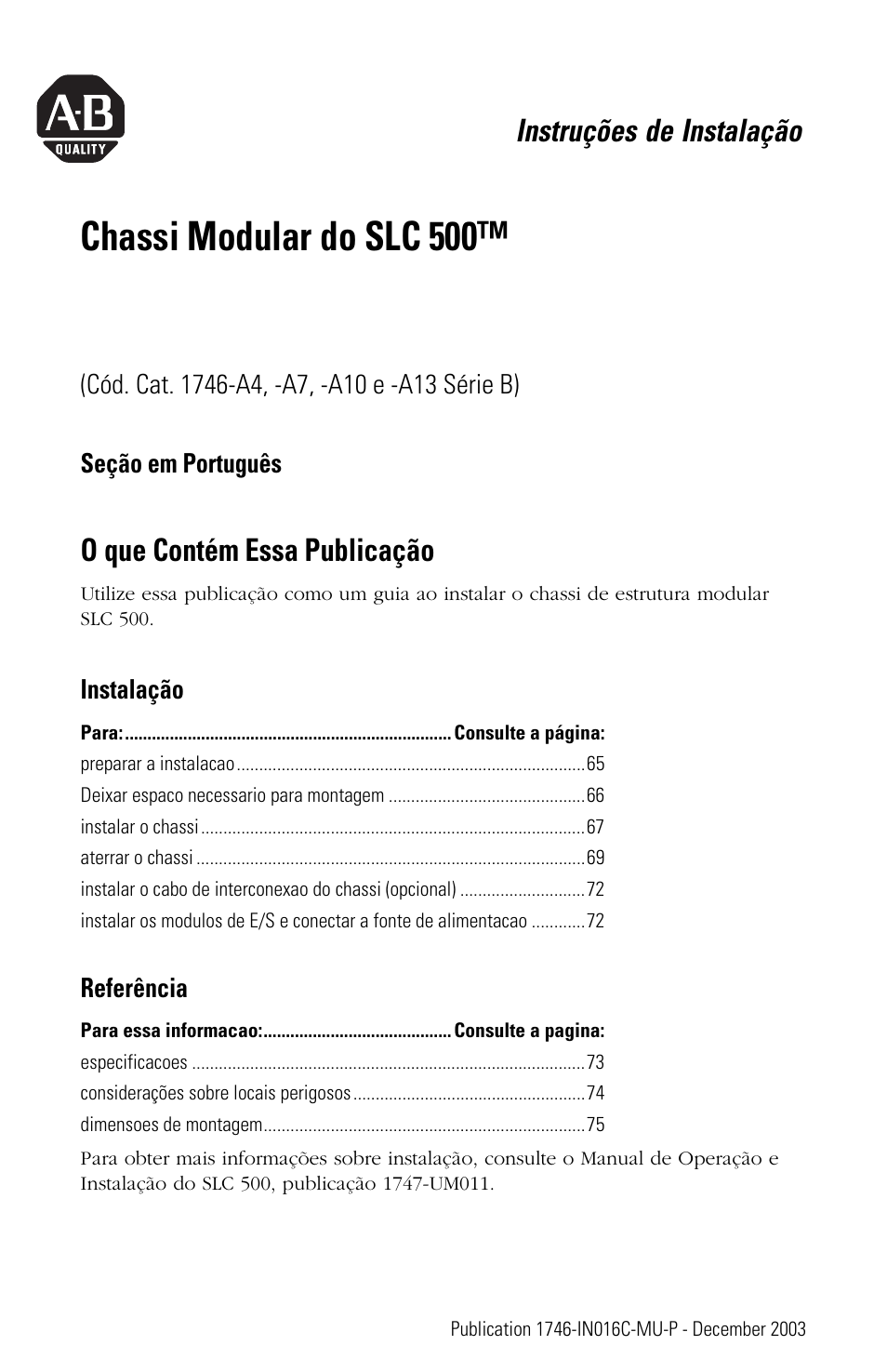 Seção em português, O que contém essa publicação, Chassi modular do slc 500 | Instruções de instalação, Instalação, Referência | Rockwell Automation 1746-Ax SLC 500 Modular Chassis/ Instructions User Manual | Page 63 / 80