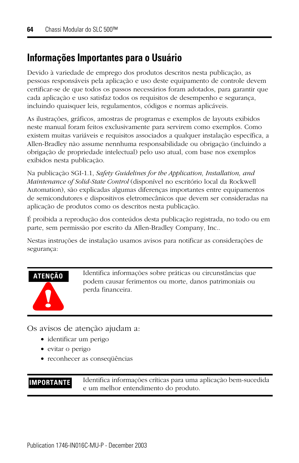 Informações importantes para o usuário | Rockwell Automation 1746-Ax SLC 500 Modular Chassis/ Instructions User Manual | Page 64 / 80