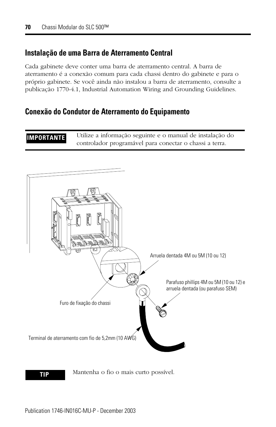 Instalação de uma barra de aterramento central, Conexão do condutor de aterramento do equipamento | Rockwell Automation 1746-Ax SLC 500 Modular Chassis/ Instructions User Manual | Page 70 / 80