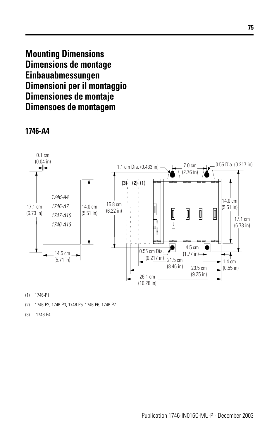 Mounting dimensions | Rockwell Automation 1746-Ax SLC 500 Modular Chassis/ Instructions User Manual | Page 75 / 80