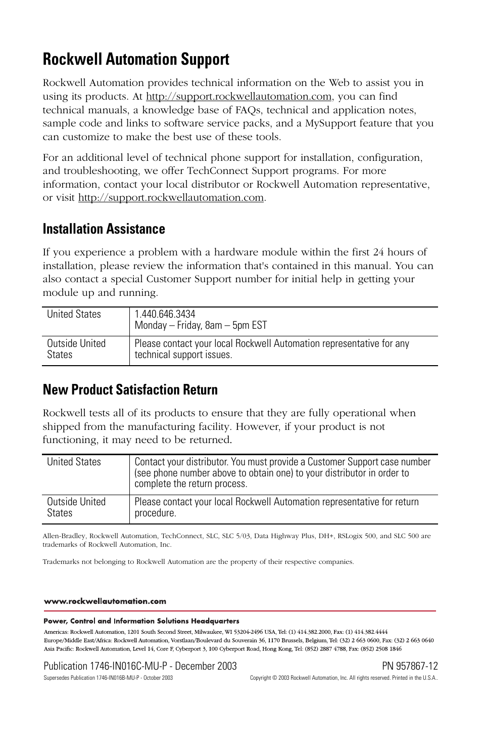 Back cover, Rockwell automation support, Installation assistance | New product satisfaction return | Rockwell Automation 1746-Ax SLC 500 Modular Chassis/ Instructions User Manual | Page 80 / 80