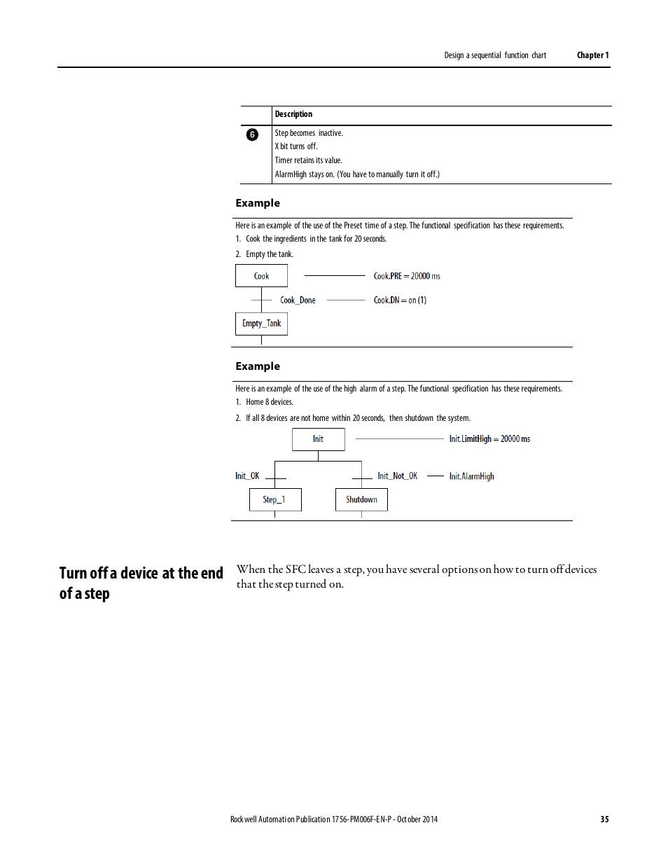 Turn off a device at the end of a step, Turn off a device at the, End of a step | Rockwell Automation Logix5000 Controllers Sequential Function Charts Programming Manual User Manual | Page 35 / 88