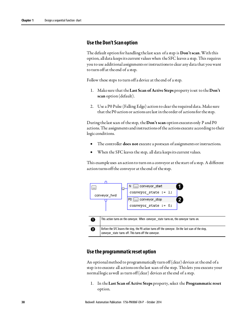 Use the don’t scan option, Use the programmatic reset option | Rockwell Automation Logix5000 Controllers Sequential Function Charts Programming Manual User Manual | Page 38 / 88