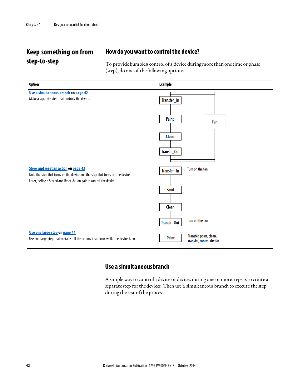 Keep something on from step-to-step, How do you want to control the device, Use a simultaneous branch | Rockwell Automation Logix5000 Controllers Sequential Function Charts Programming Manual User Manual | Page 42 / 88