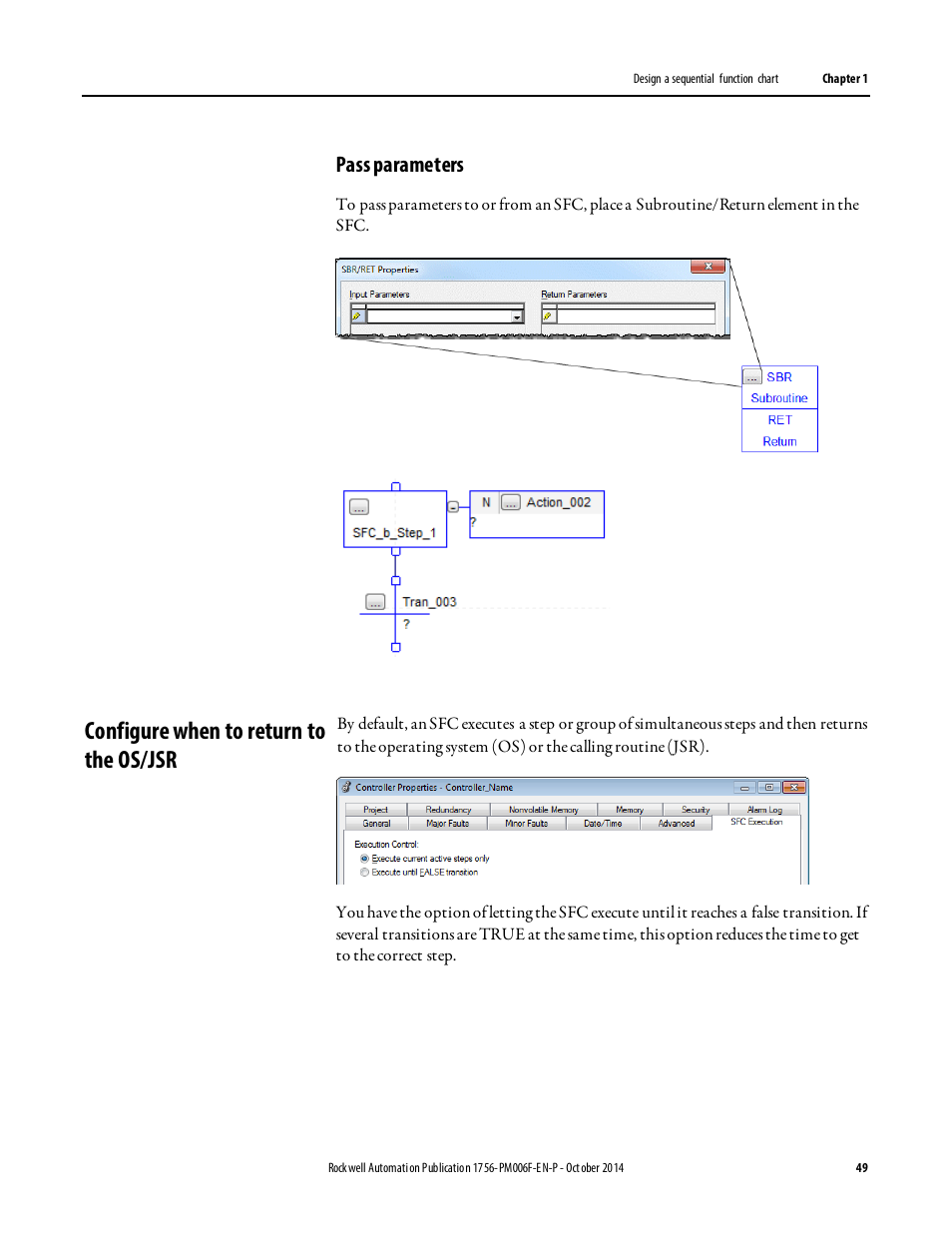 Configure when to return to the os/jsr, Pass parameters | Rockwell Automation Logix5000 Controllers Sequential Function Charts Programming Manual User Manual | Page 49 / 88