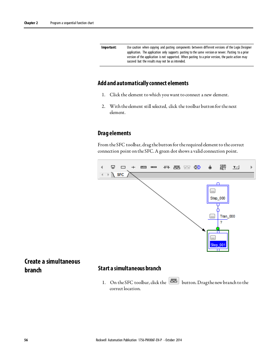 Create a simultaneous branch, Add and automatically connect elements, Drag elements | Start a simultaneous branch | Rockwell Automation Logix5000 Controllers Sequential Function Charts Programming Manual User Manual | Page 56 / 88