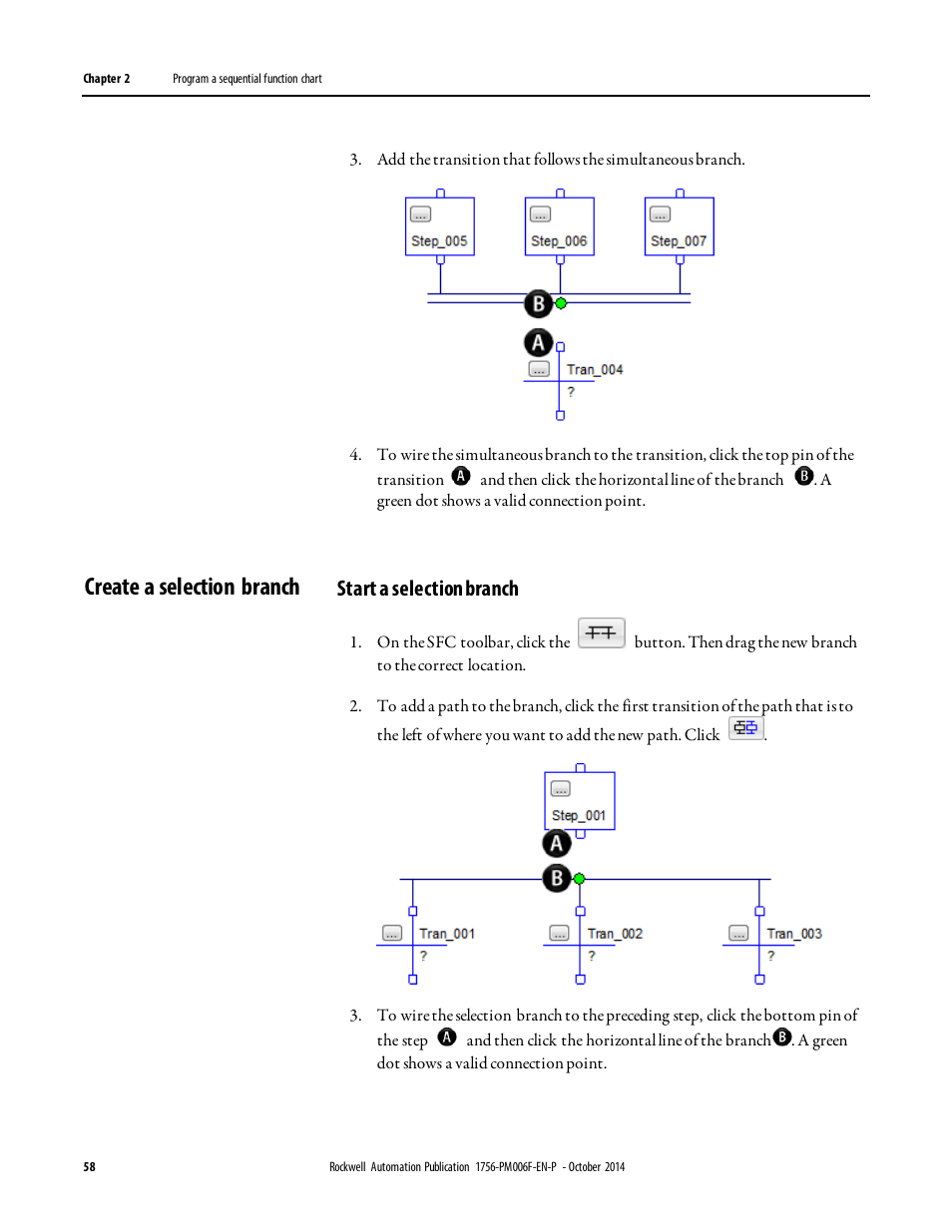 Create a selection branch, Start a selection branch | Rockwell Automation Logix5000 Controllers Sequential Function Charts Programming Manual User Manual | Page 58 / 88