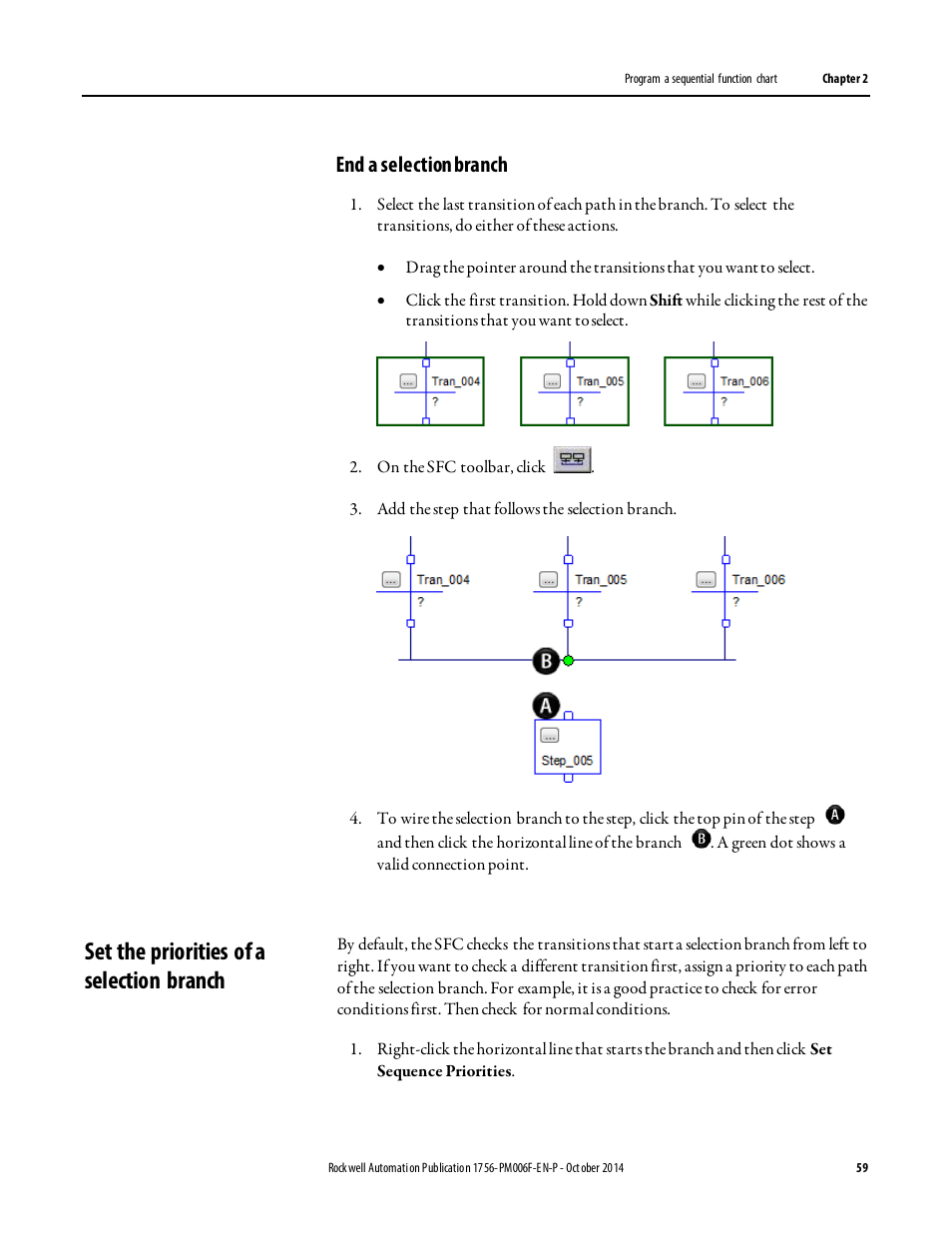 Set the priorities of a selection branch, End a selection branch | Rockwell Automation Logix5000 Controllers Sequential Function Charts Programming Manual User Manual | Page 59 / 88