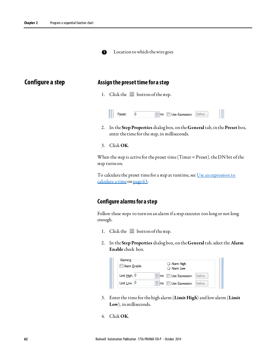 Configure a step, Assign the preset time for a step, Configure alarms for a step | Rockwell Automation Logix5000 Controllers Sequential Function Charts Programming Manual User Manual | Page 62 / 88