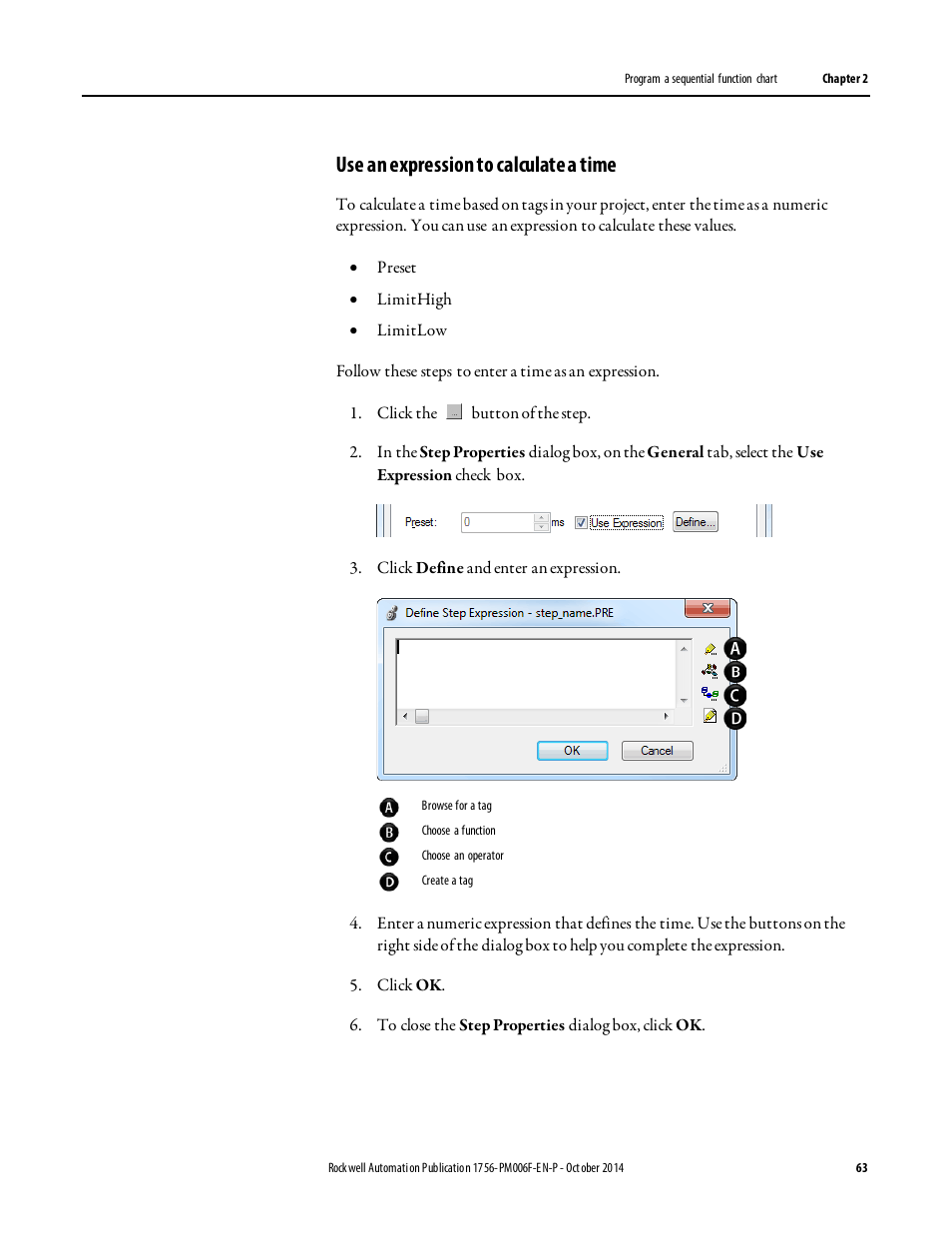 Use an expression to calculate a time, Use an expression to, Calculate a time | Rockwell Automation Logix5000 Controllers Sequential Function Charts Programming Manual User Manual | Page 63 / 88