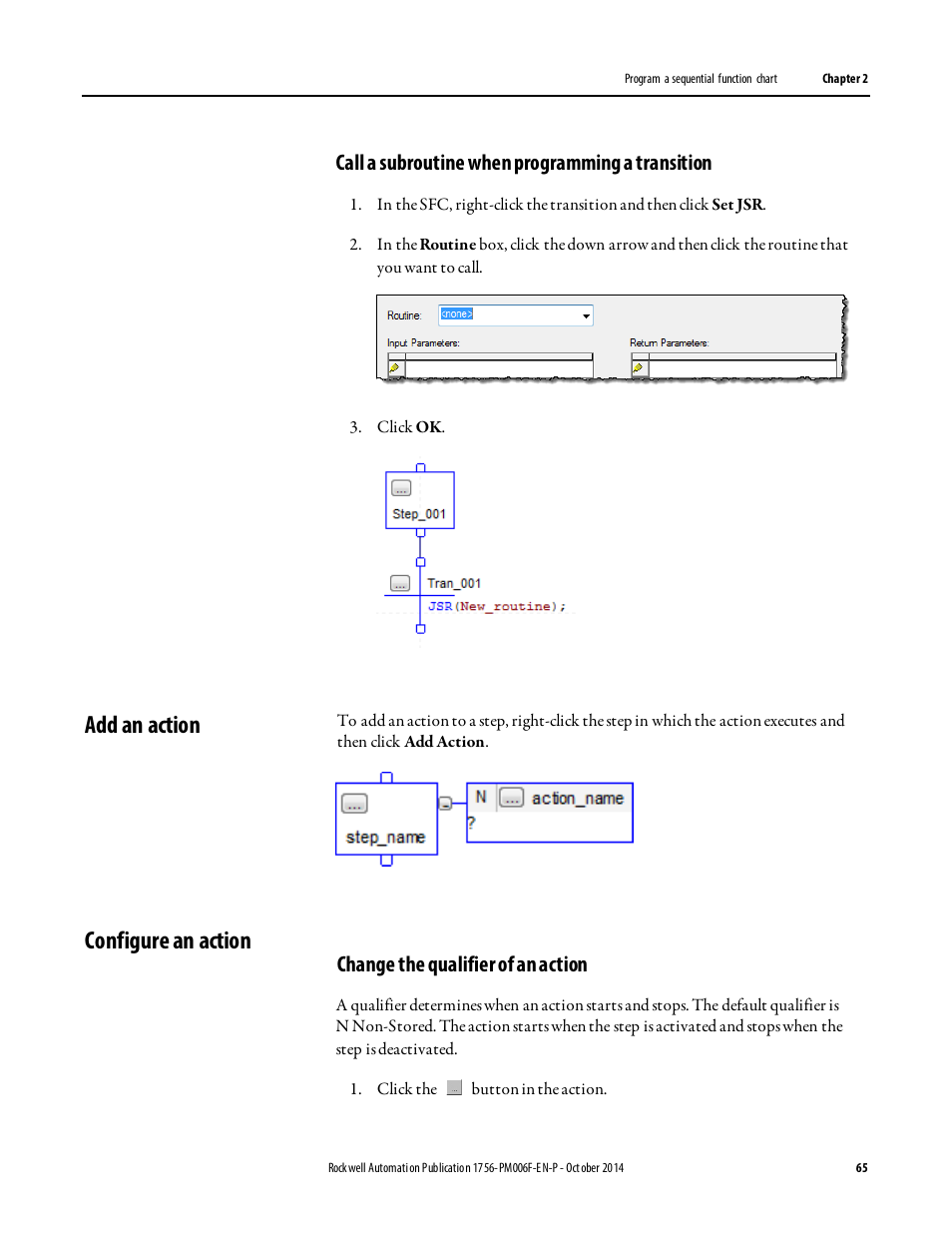 Add an action, Configure an action, Call a subroutine when programming a transition | Change the qualifier of an action, Add an action configure an action | Rockwell Automation Logix5000 Controllers Sequential Function Charts Programming Manual User Manual | Page 65 / 88