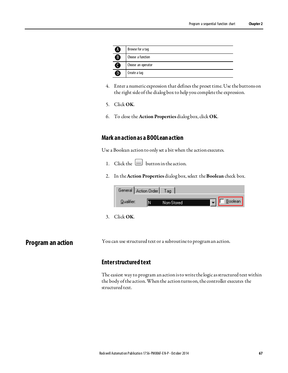 Program an action, Mark an action as a boolean action, Enter structured text | Rockwell Automation Logix5000 Controllers Sequential Function Charts Programming Manual User Manual | Page 67 / 88