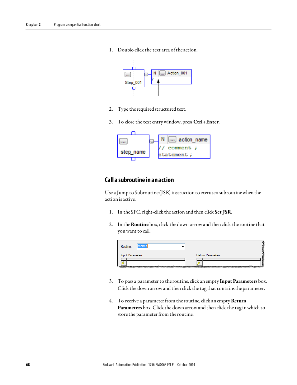 Call a subroutine in an action, Call a subroutine | Rockwell Automation Logix5000 Controllers Sequential Function Charts Programming Manual User Manual | Page 68 / 88