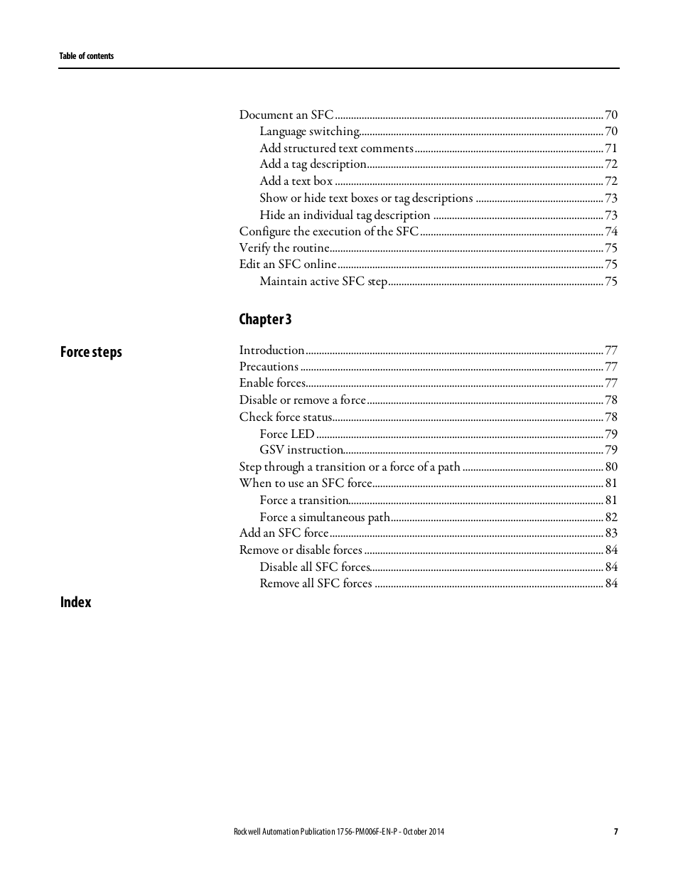 Chapter 3, Force steps, Index | Rockwell Automation Logix5000 Controllers Sequential Function Charts Programming Manual User Manual | Page 7 / 88