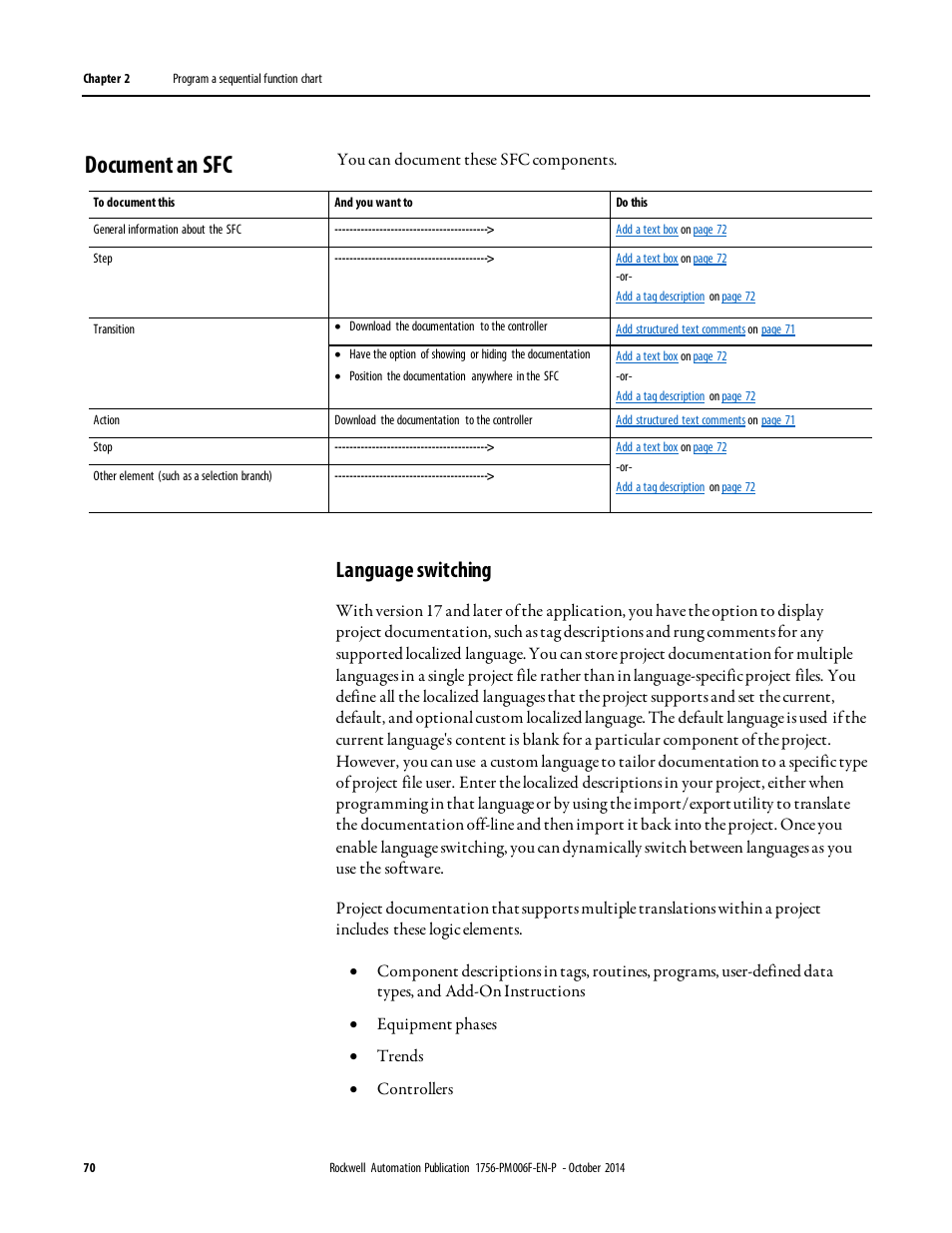 Document an sfc, Language switching | Rockwell Automation Logix5000 Controllers Sequential Function Charts Programming Manual User Manual | Page 70 / 88