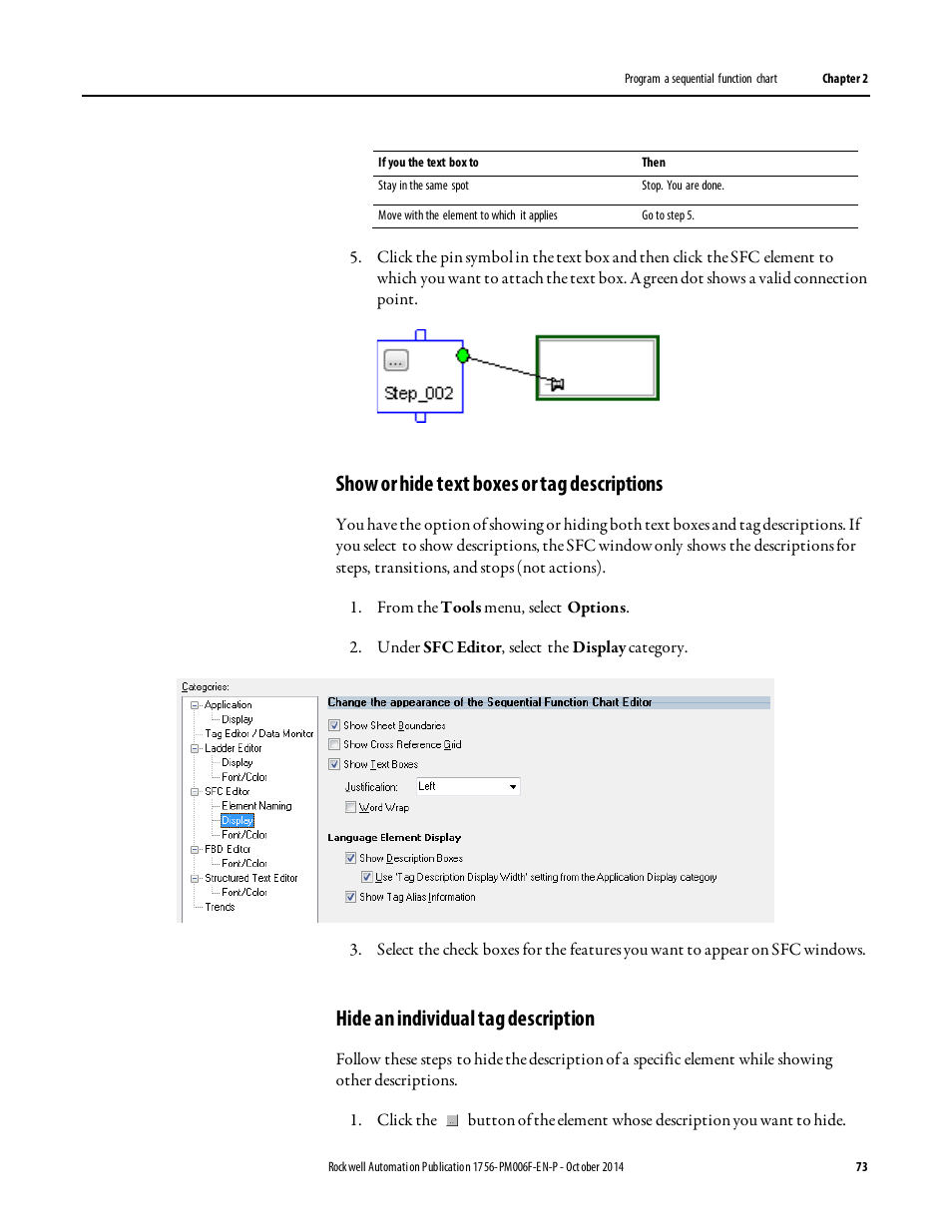 Show or hide text boxes or tag descriptions, Hide an individual tag description | Rockwell Automation Logix5000 Controllers Sequential Function Charts Programming Manual User Manual | Page 73 / 88