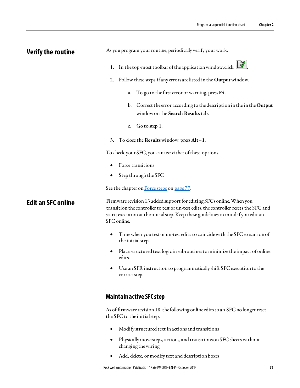 Verify the routine, Edit an sfc online, Maintain active sfc step | Verify the routine edit an sfc online | Rockwell Automation Logix5000 Controllers Sequential Function Charts Programming Manual User Manual | Page 75 / 88
