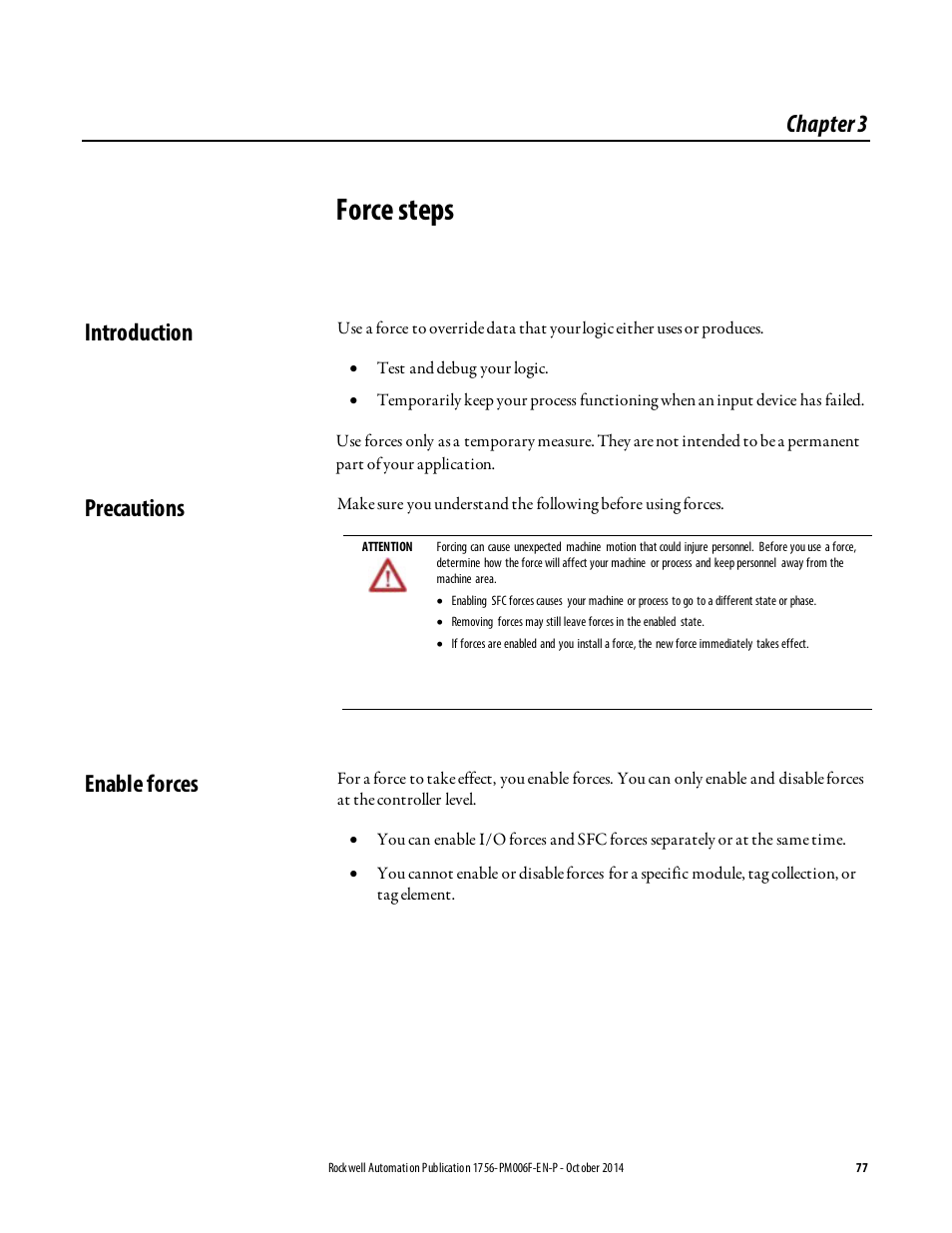 Force steps, Introduction, Precautions | Enable forces, Chapter 3, Introduction precautions enable forces | Rockwell Automation Logix5000 Controllers Sequential Function Charts Programming Manual User Manual | Page 77 / 88