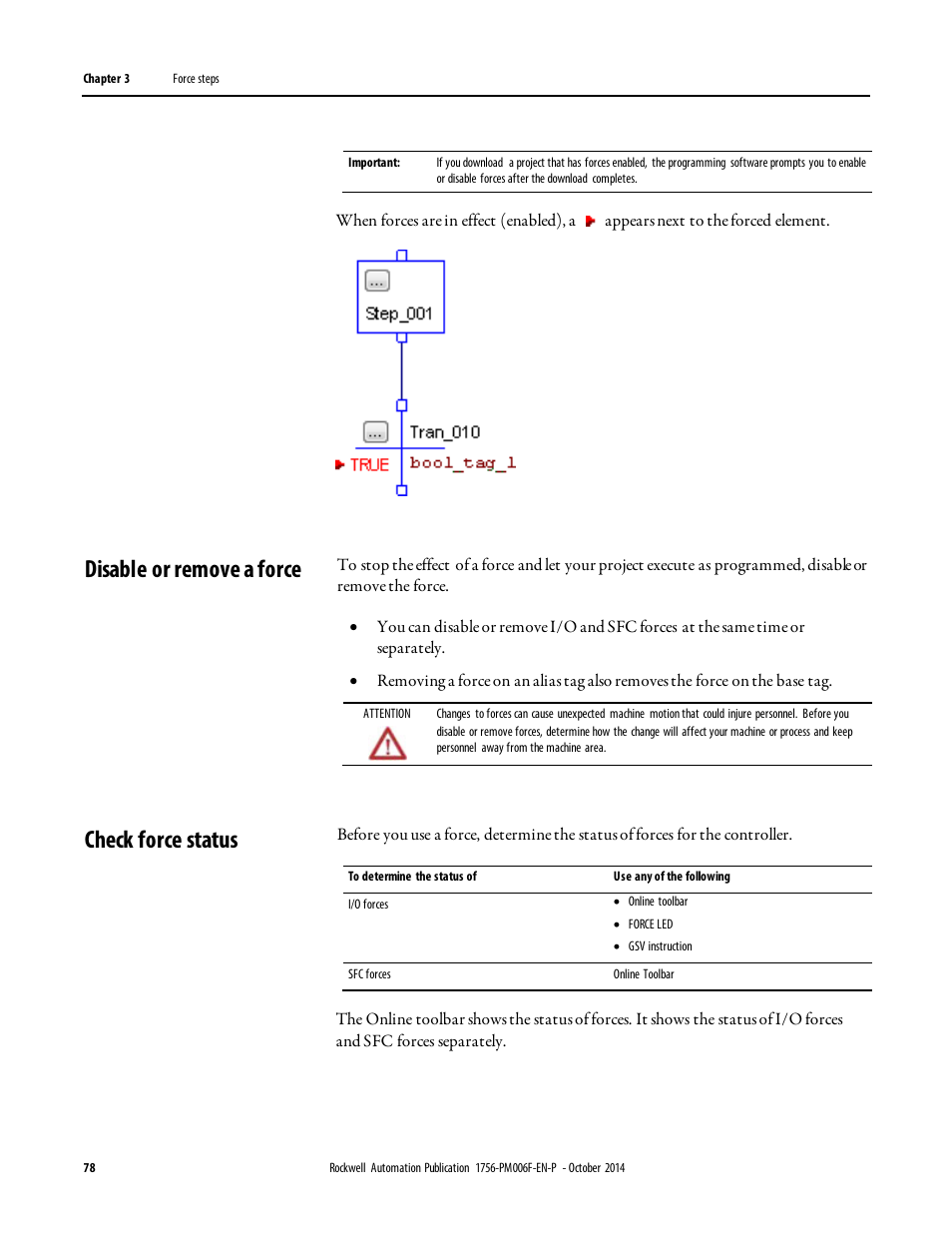 Disable or remove a force, Check force status, Disable or remove a force check force status | Rockwell Automation Logix5000 Controllers Sequential Function Charts Programming Manual User Manual | Page 78 / 88