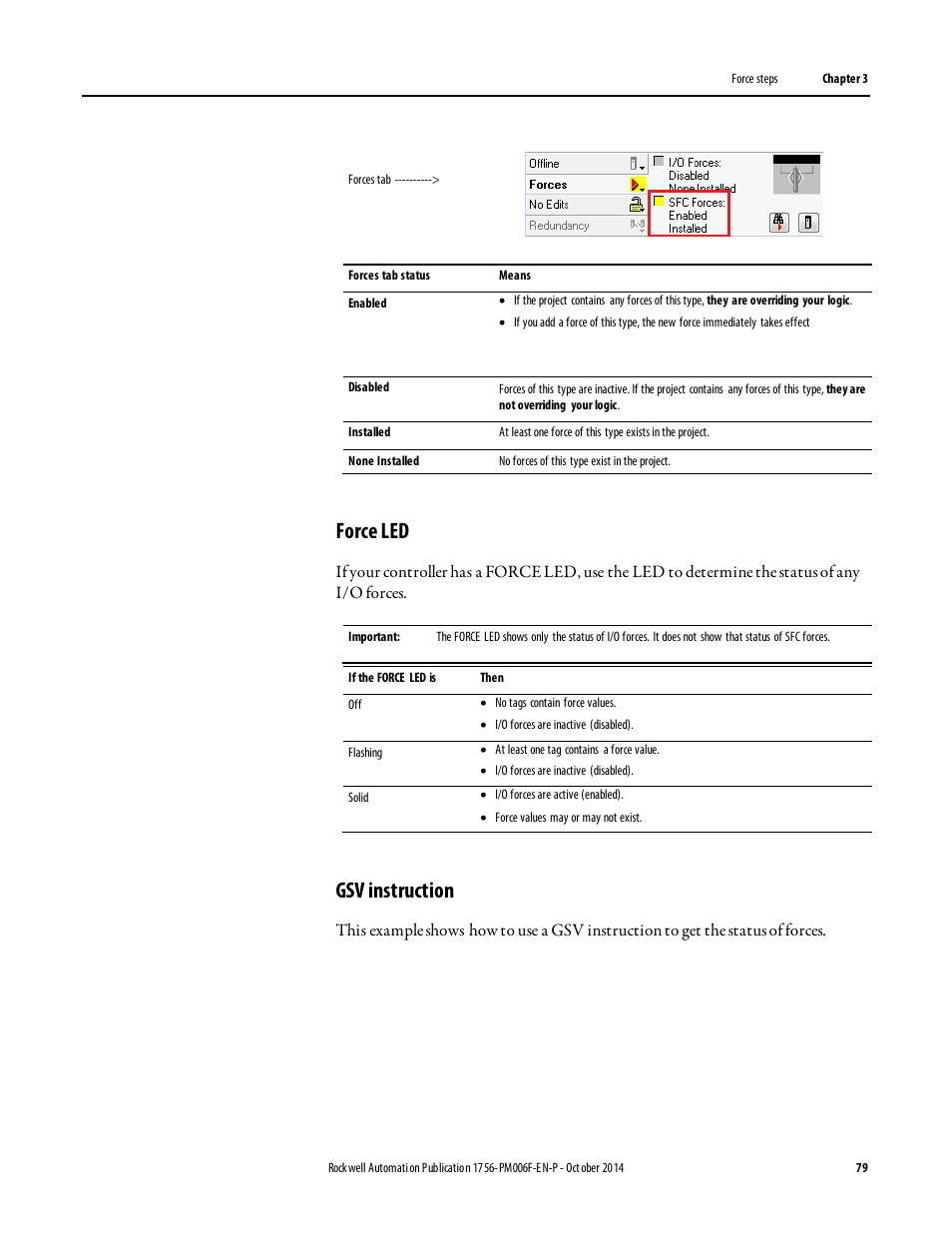 Force led, Gsv instruction | Rockwell Automation Logix5000 Controllers Sequential Function Charts Programming Manual User Manual | Page 79 / 88