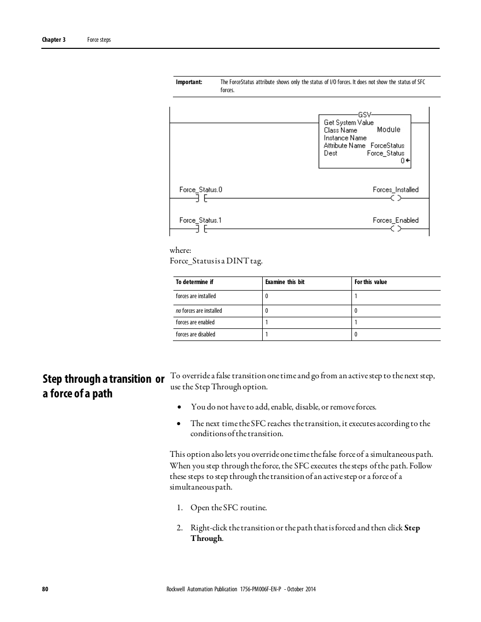 Step through a transition or a force of a path | Rockwell Automation Logix5000 Controllers Sequential Function Charts Programming Manual User Manual | Page 80 / 88
