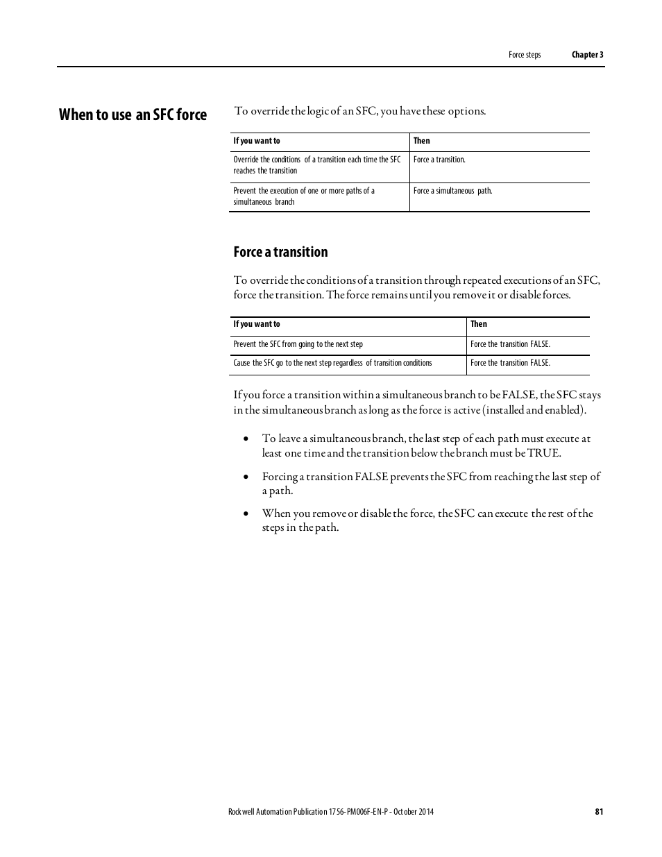When to use an sfc force, Force a transition | Rockwell Automation Logix5000 Controllers Sequential Function Charts Programming Manual User Manual | Page 81 / 88