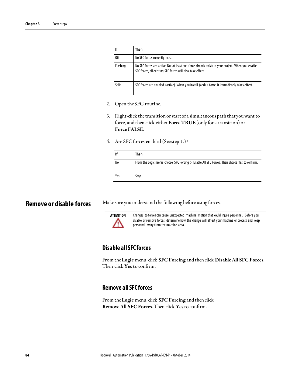 Remove or disable forces, Disable all sfc forces, Remove all sfc forces | Rockwell Automation Logix5000 Controllers Sequential Function Charts Programming Manual User Manual | Page 84 / 88