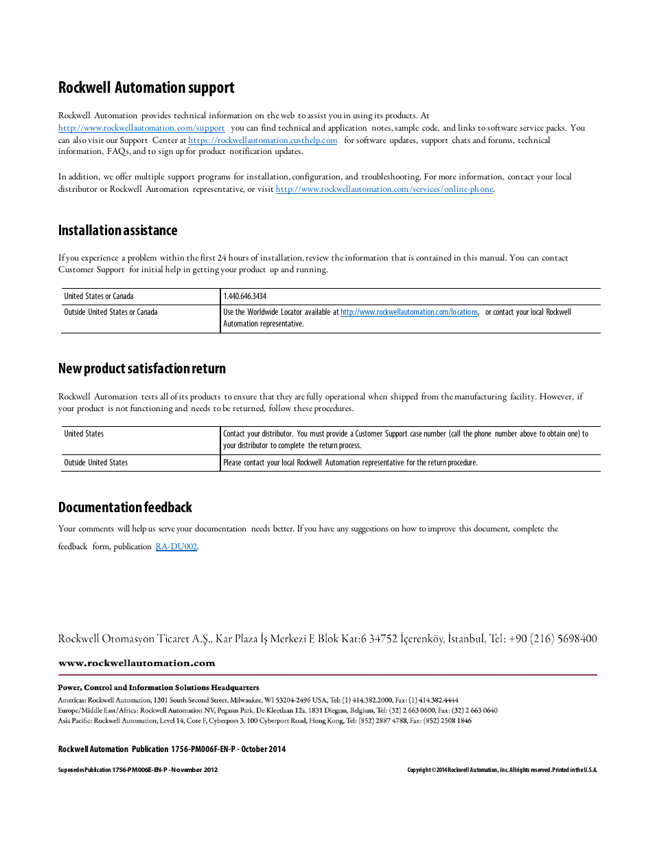 Rockwell automation support, Installation assistance, New product satisfaction return | Documentation feedback | Rockwell Automation Logix5000 Controllers Sequential Function Charts Programming Manual User Manual | Page 88 / 88
