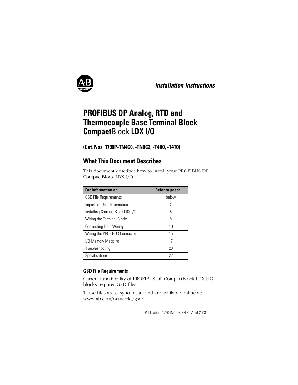 Rockwell Automation 1790-TXXXX CompactBlock LDX I/O Profibus Analog, RTD and Thermocouple User Manual | 32 pages