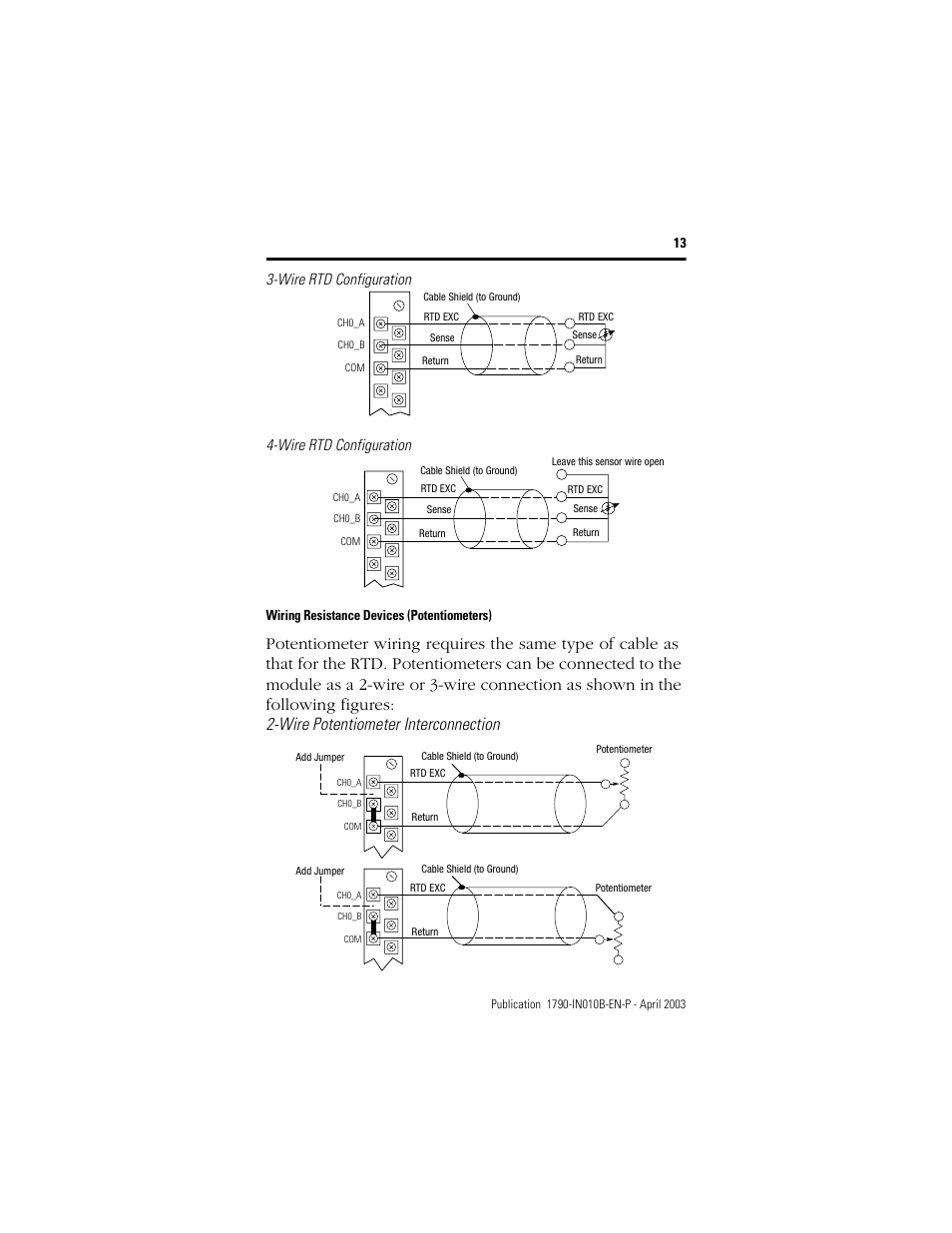 Wiring resistance devices (potentiometers), Wire rtd configuration 4-wire rtd configuration | Rockwell Automation 1790-TXXXX CompactBlock LDX I/O Profibus Analog, RTD and Thermocouple User Manual | Page 13 / 32