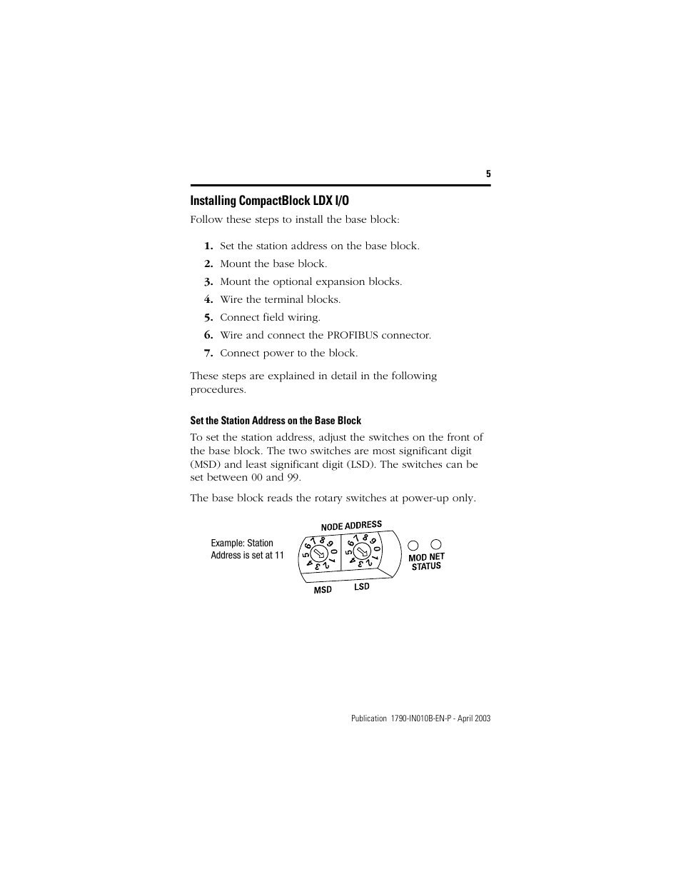 Installing compactblock ldx i/o, Set the station address on the base block | Rockwell Automation 1790-TXXXX CompactBlock LDX I/O Profibus Analog, RTD and Thermocouple User Manual | Page 5 / 32