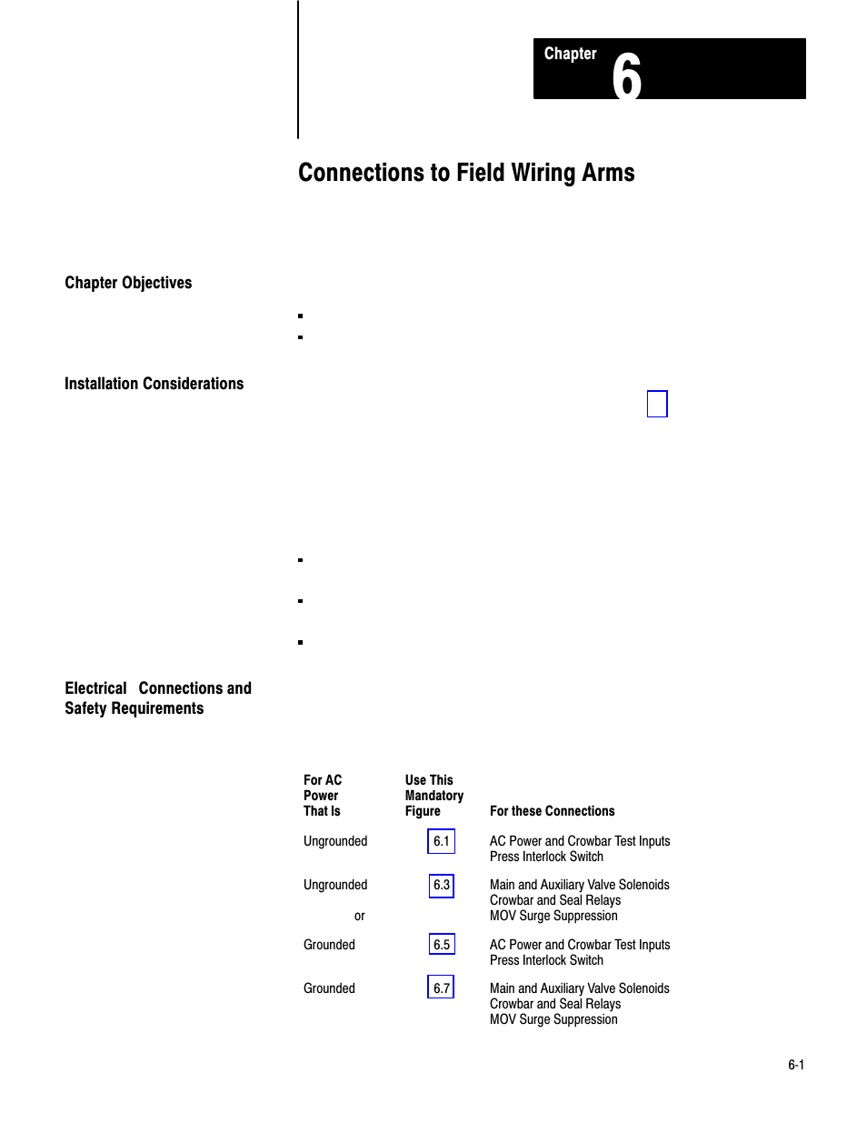 6 - field wiring arming connections, Chapter objectives, Installation considerations | Electrical connections and safety requirements, Connections to field wiring arms | Rockwell Automation 1771-PM , D17716.5.18 U MNL 1771-PM CLUTCH/BRAKE MOD User Manual | Page 53 / 143