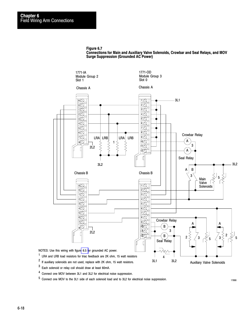 Figure 6.7, Figure 6.7 and, Figure 6.7 f | Figure 6.7 also shows connections for, Field wiring arm connections chapter 6 | Rockwell Automation 1771-PM , D17716.5.18 U MNL 1771-PM CLUTCH/BRAKE MOD User Manual | Page 70 / 143