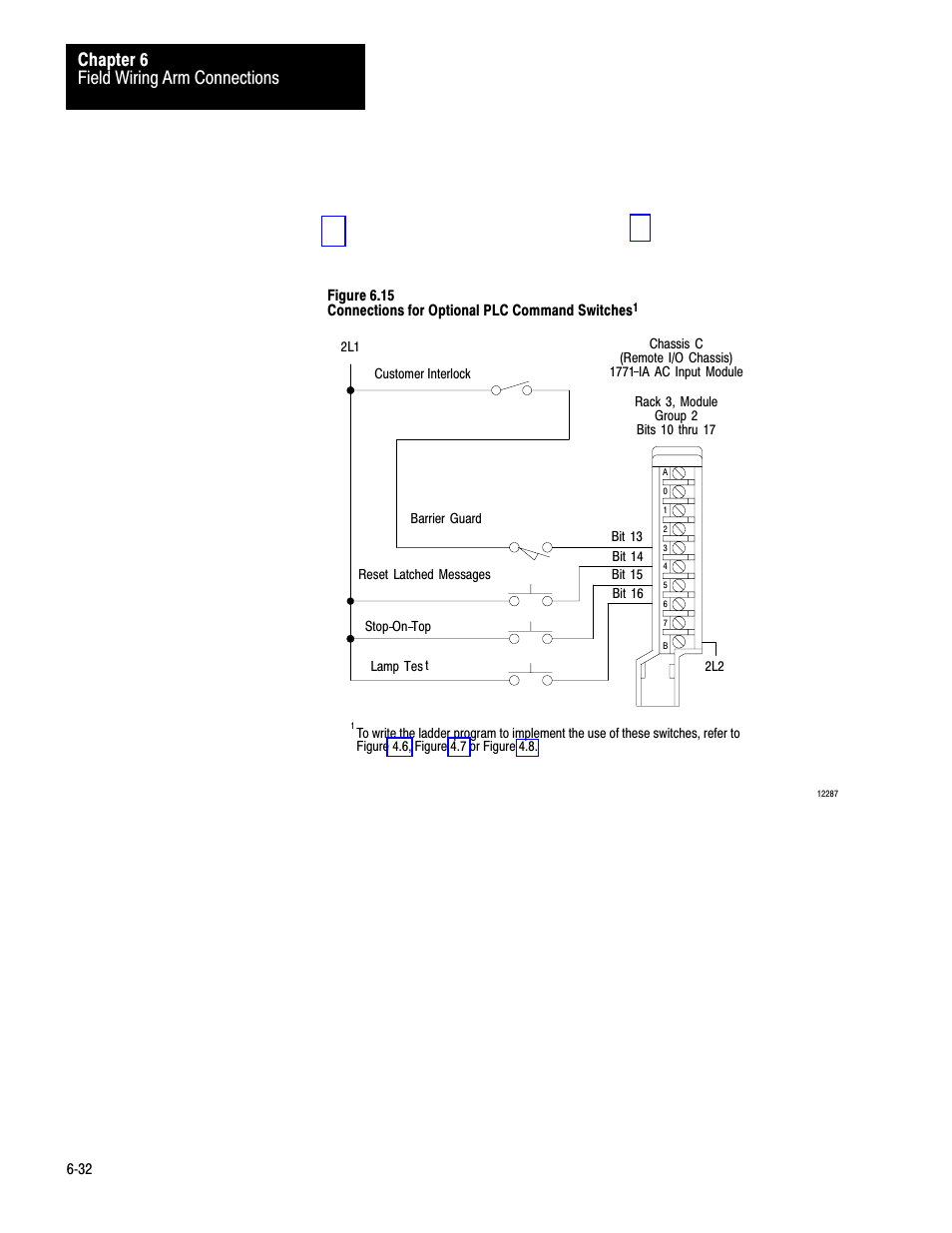 Figure 6.15), Ire plc command switches as shown in figure 6.15, Field wiring arm connections chapter 6 | Rockwell Automation 1771-PM , D17716.5.18 U MNL 1771-PM CLUTCH/BRAKE MOD User Manual | Page 84 / 143