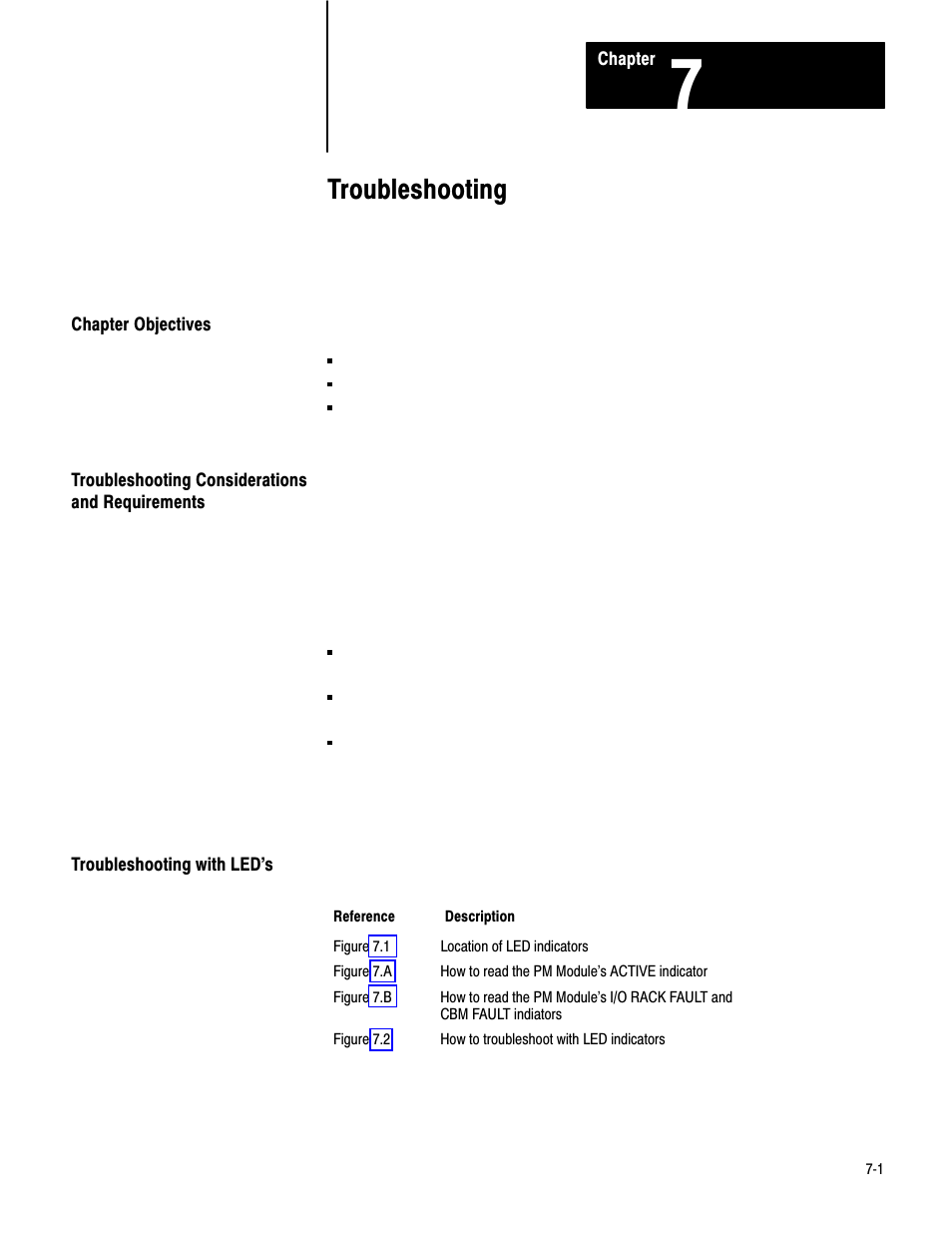 7 - troubleshooting, Chapter objectives, Troubleshooting considerations and requirements | Troubleshooting with led's, Troubleshooting | Rockwell Automation 1771-PM , D17716.5.18 U MNL 1771-PM CLUTCH/BRAKE MOD User Manual | Page 85 / 143