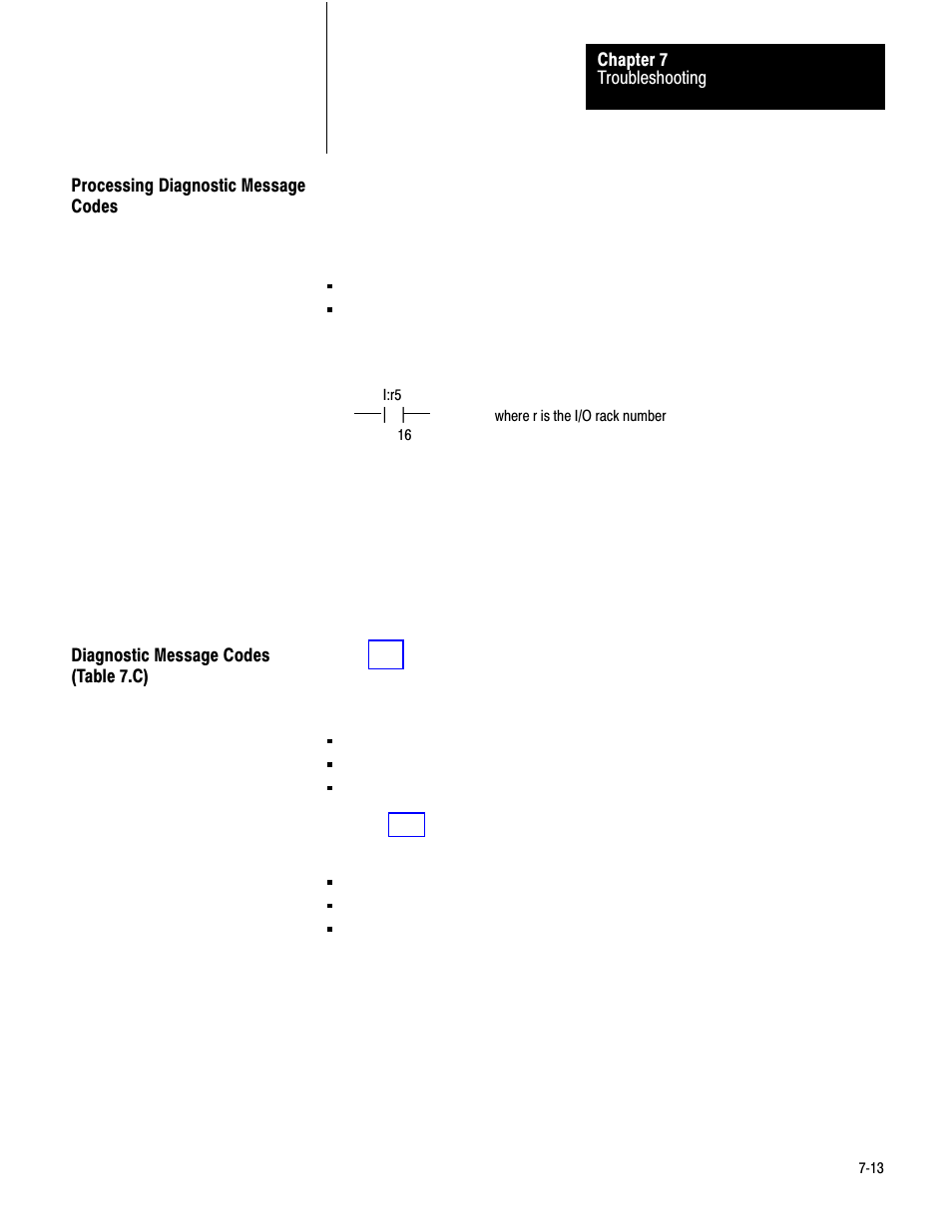 Processing diagnostic message codes, Diagnostic message codes (table 7.c), 7ć13 | Rockwell Automation 1771-PM , D17716.5.18 U MNL 1771-PM CLUTCH/BRAKE MOD User Manual | Page 97 / 143