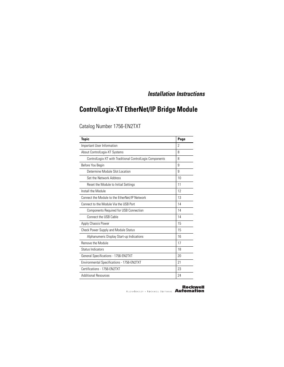 Rockwell Automation 1756-EN2TXT ControlLogix-XT EtherNet/IP Bridge Module User Manual | 24 pages