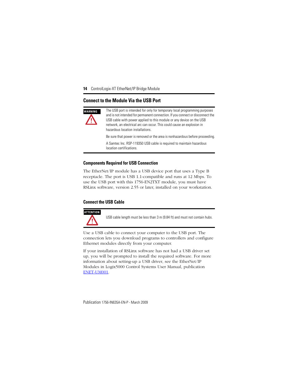 Components required for usb connection, Connect the usb cable, Connect to the module via the usb port | Rockwell Automation 1756-EN2TXT ControlLogix-XT EtherNet/IP Bridge Module User Manual | Page 14 / 24